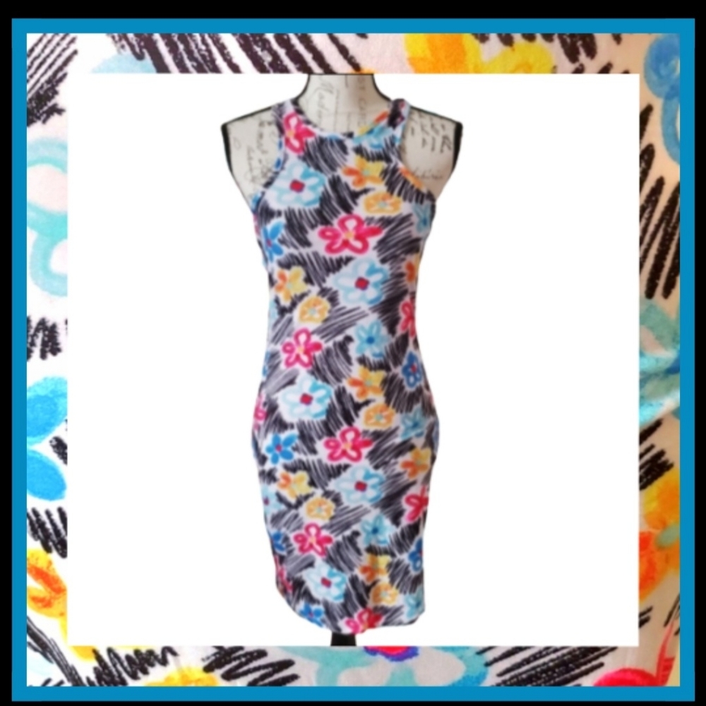 SCRIBBLES ☆ COLORFUL ☆ FLORAL ☆ BODYCON DRESS ☆ NWT